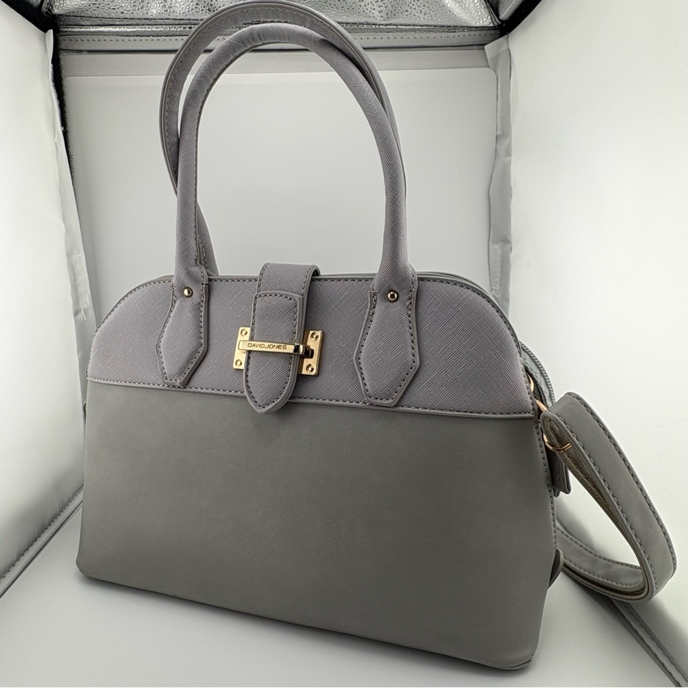 David Jones Gray Purse with Gold-Tone Clasp and Double Handles